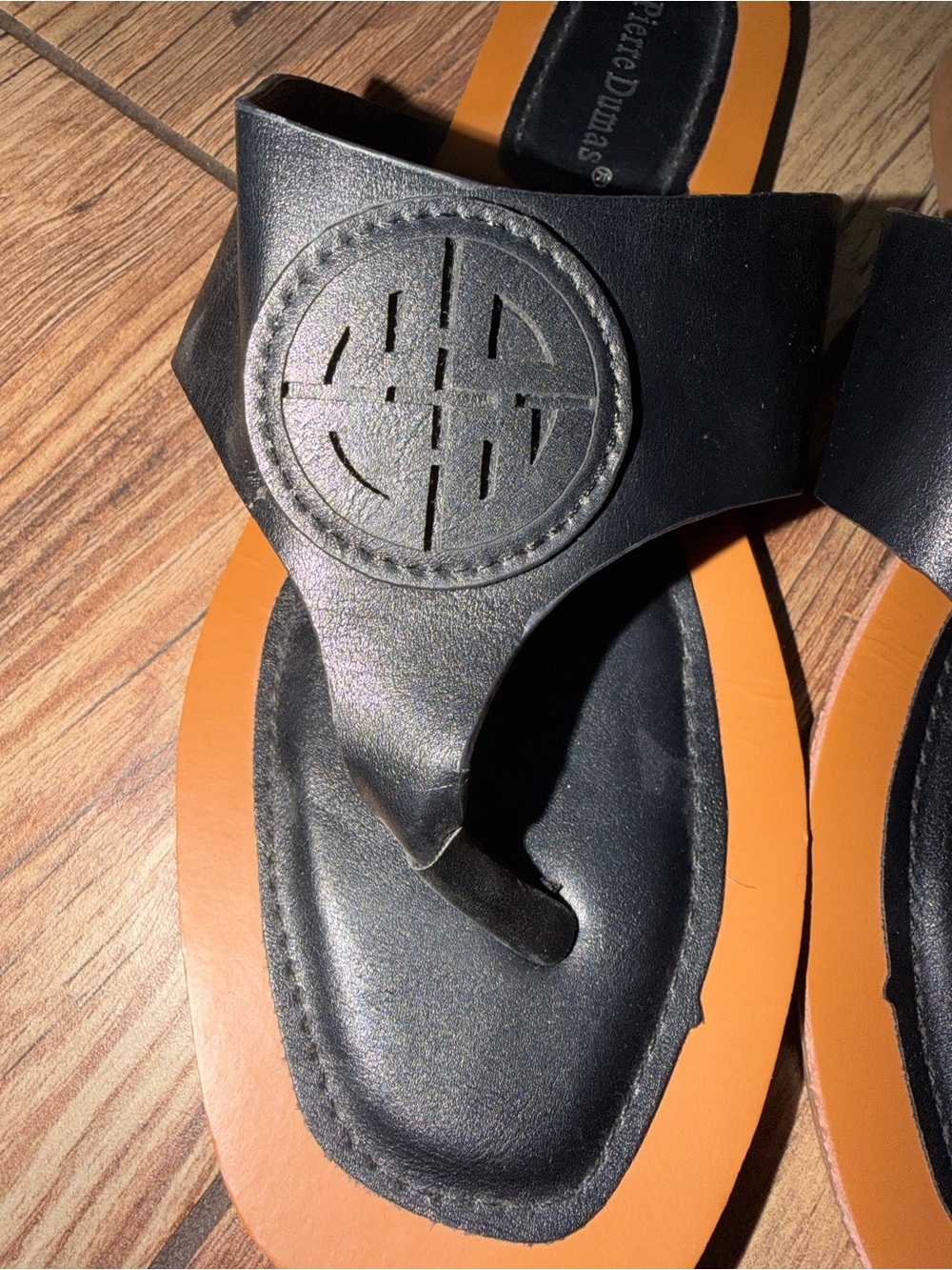 Pierre Dumas Black and Tan Slide Thong Sandals - Picture 3 of 3